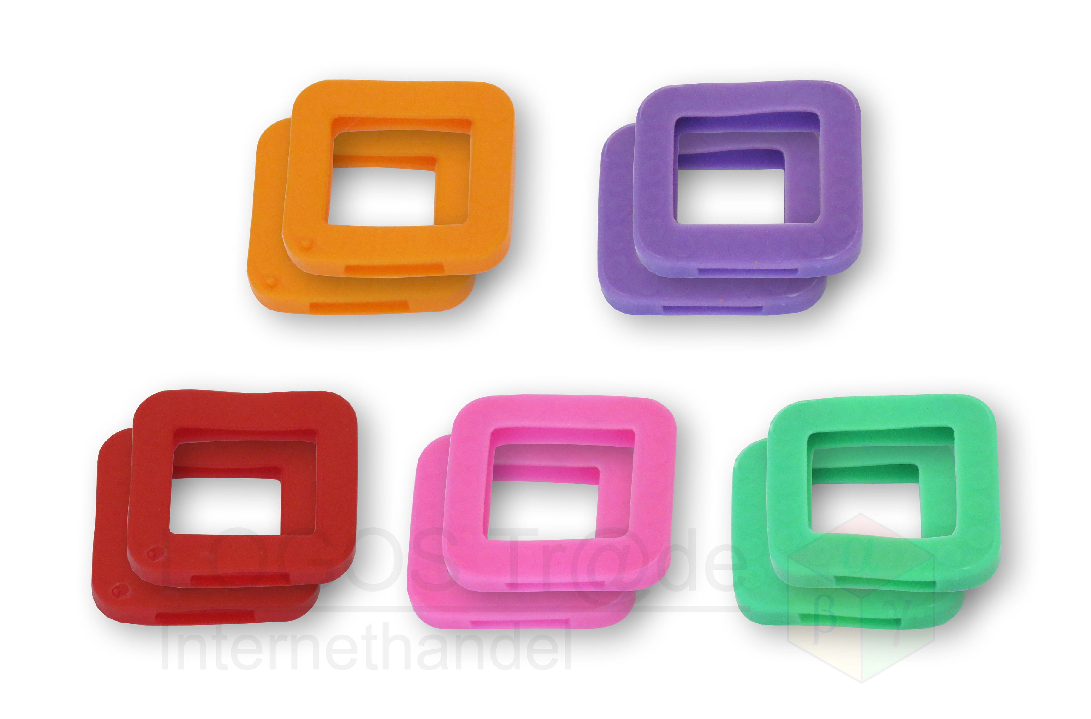 10 Schlüsselkennringe (eckig), ca. 25X23mm:  2 x orange, 2 x violett, 2 x rot, 2 x rosa, 2 x grün