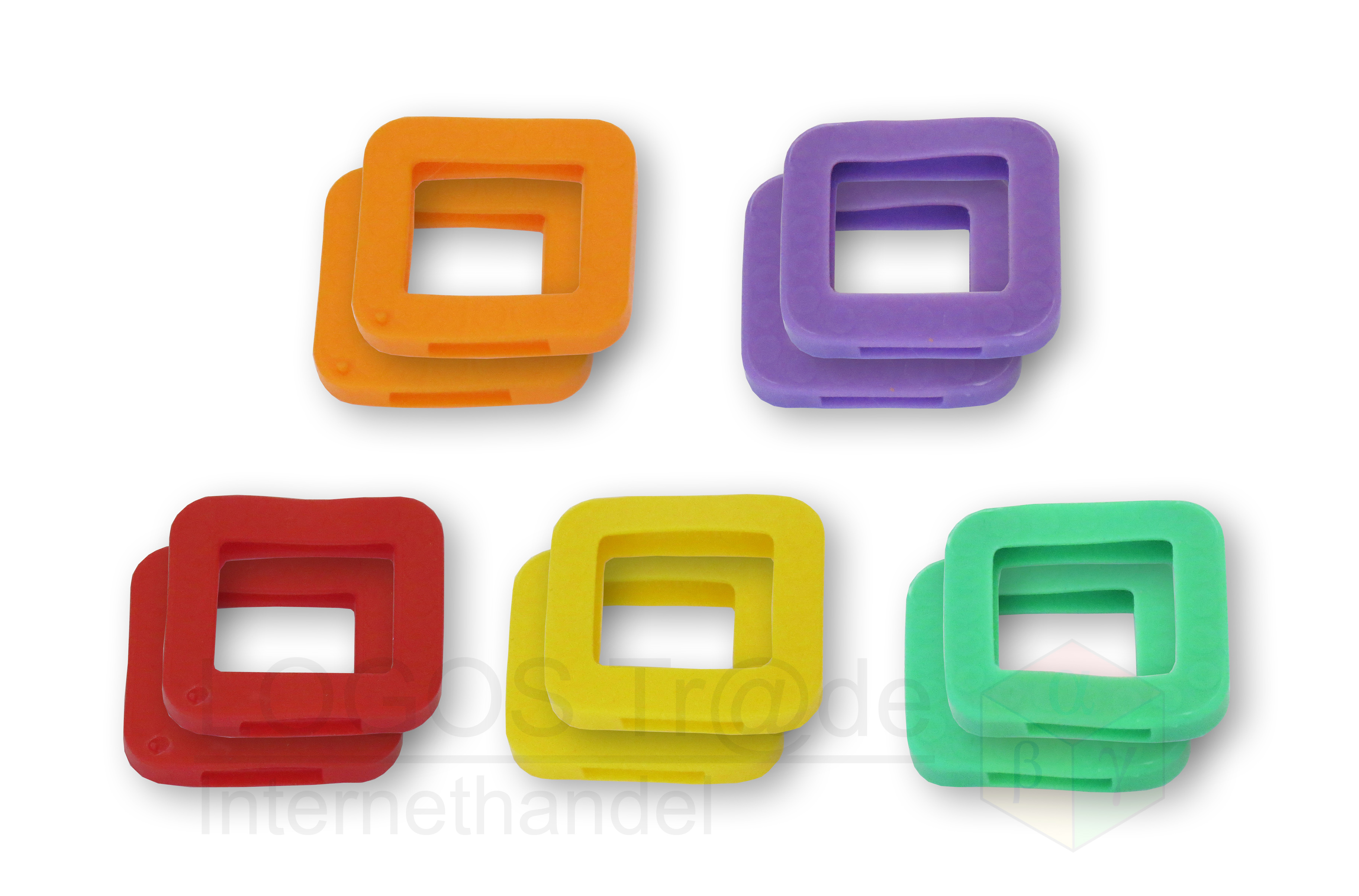 10 Schlüsselkennringe (eckig), ca. 25X23mm: 2 x orange, 2 x violett, 2 x rot, 2 x gelb, 2 x grün