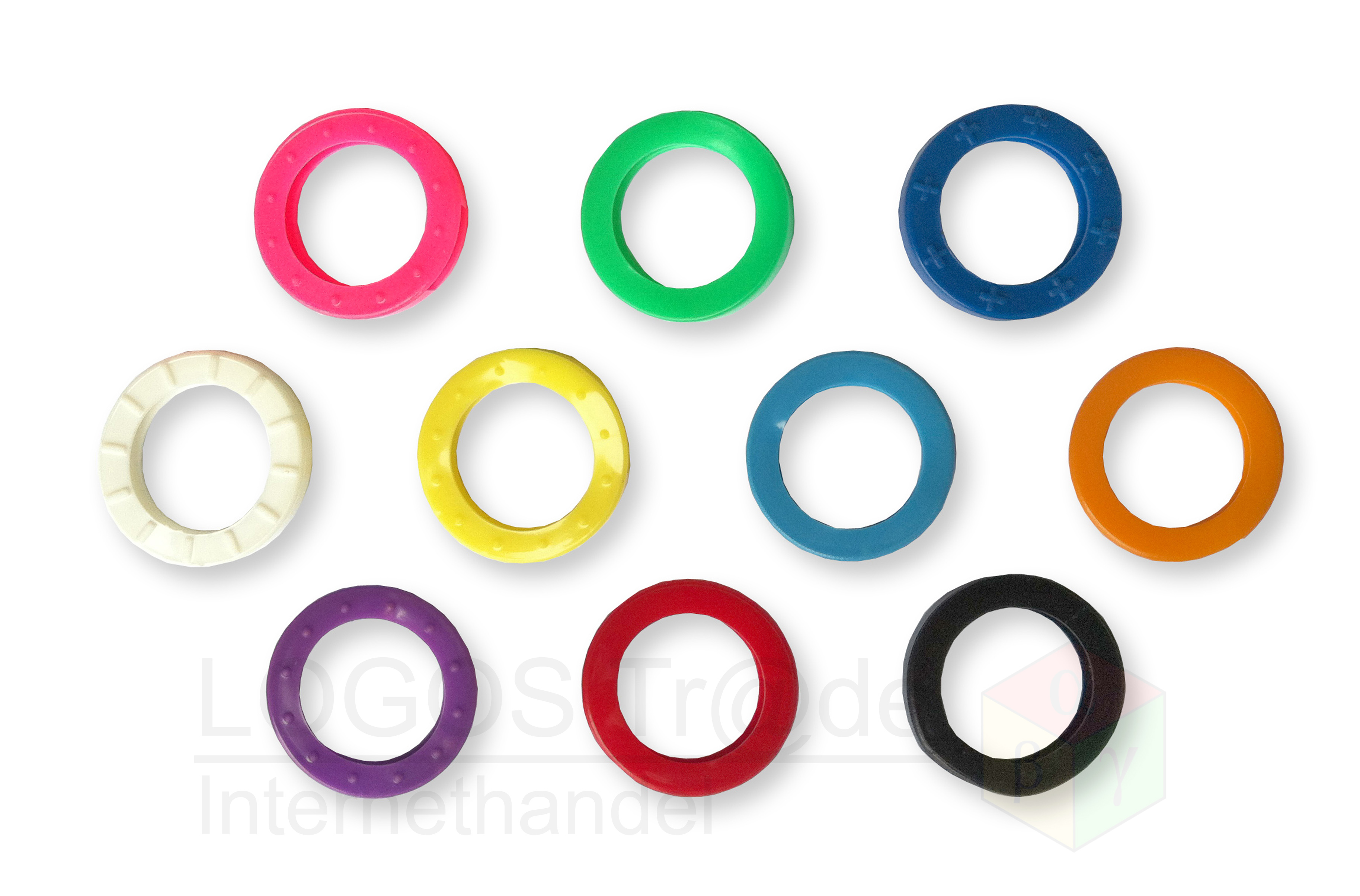 10 Schlüsselkennringe (rund), Ø ca. 24mm: 1 x rosa, 1 x orange, 1x violett, 1 x rot, 1 x hellblau, 1 x blau, 1 x weiß, 1 x schwarz, 1 x gelb, 1 x grün