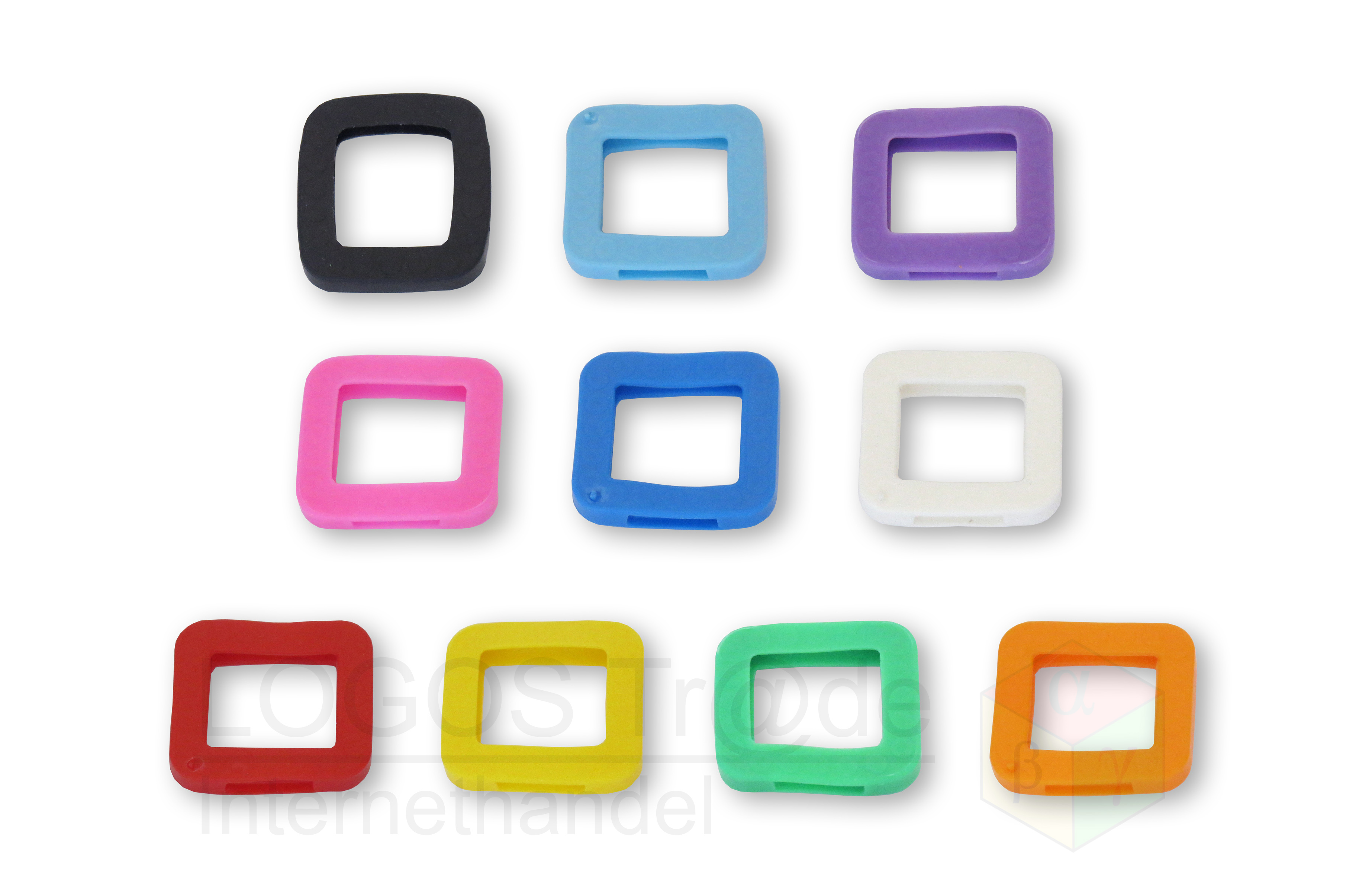 10 Schlüsselkennringe (eckig), ca. 25X23mm: 1 x rosa, 1 x orange, 1x violett, 1 x rot, 1 x hellblau, 1 x blau, 1 x weiß, 1 x schwarz, 1 x gelb, 1 x grün