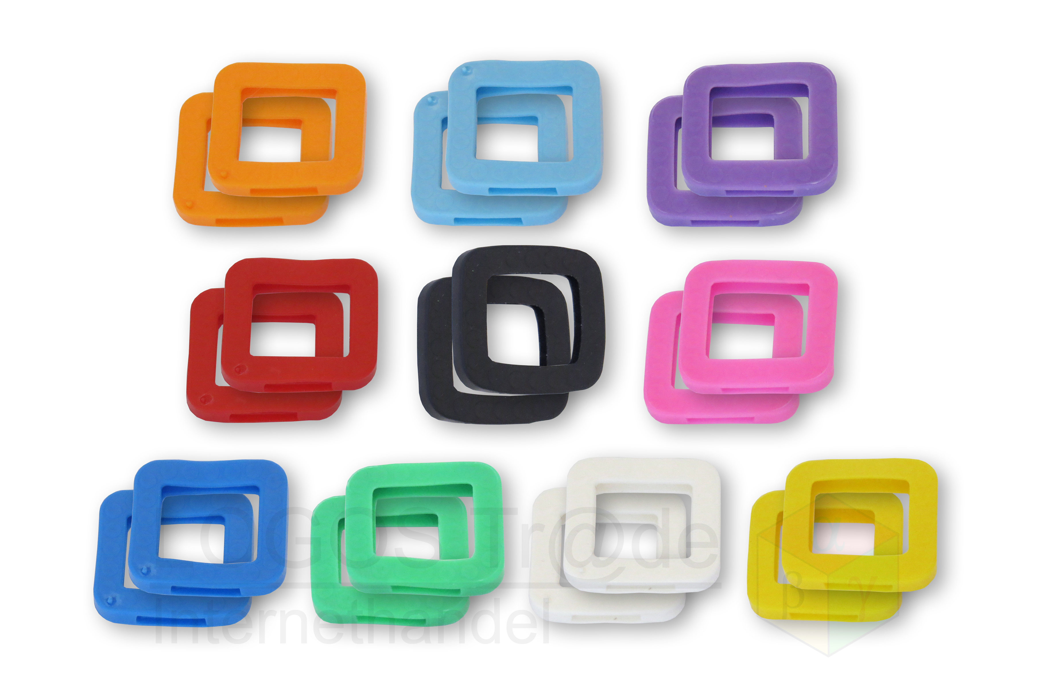 20 Schlüsselkennringe (eckig), ca. 25X23mm: 2 x rosa, 2 x orange, 2 x violett, 2 x rot, 2 x hellblau, 2 x blau, 2 x weiß, 2 x schwarz, 2 x gelb, 2 x grün
