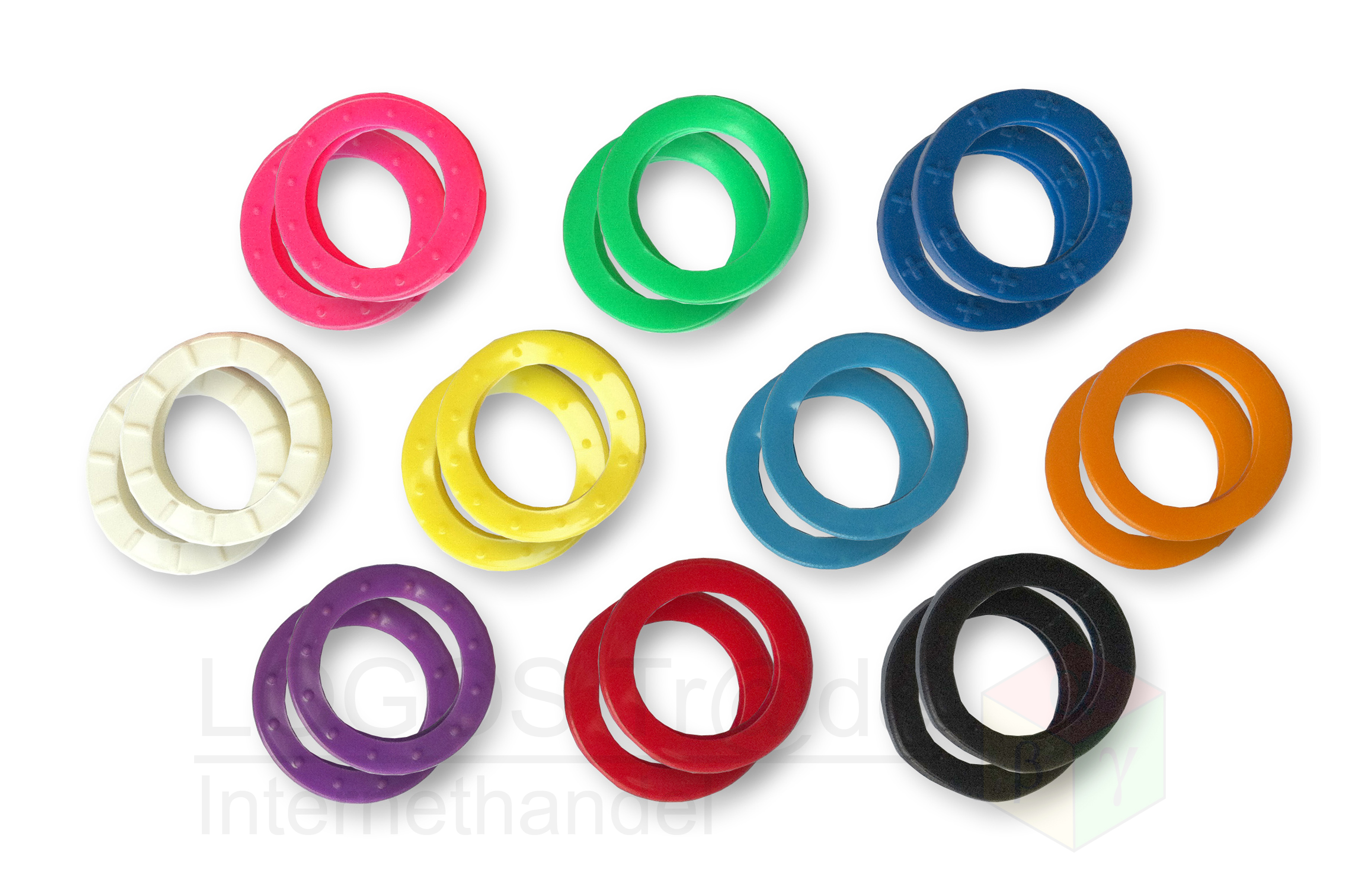 20 Schlüsselkennringe (rund), Ø ca. 24mm: 2 x rosa, 2 x orange, 2 x violett, 2 x rot, 2 x hellblau, 2 x blau, 2 x weiß, 2 x schwarz, 2 x gelb, 2 x grün